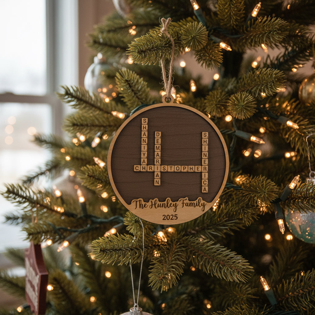 Decorative circular ornament with personalized names and year on a Christmas tree