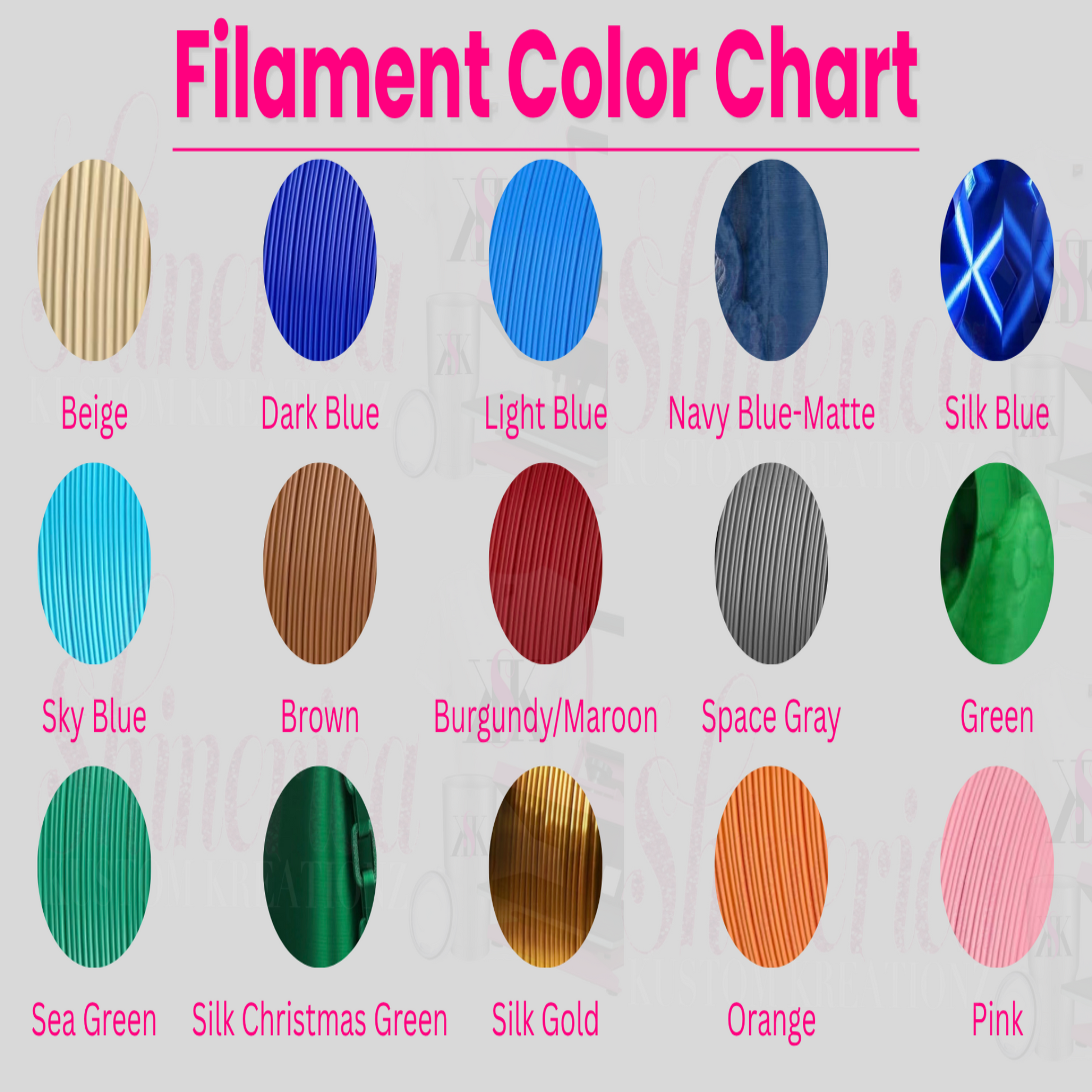 Color chart with various filament color options on a white background
