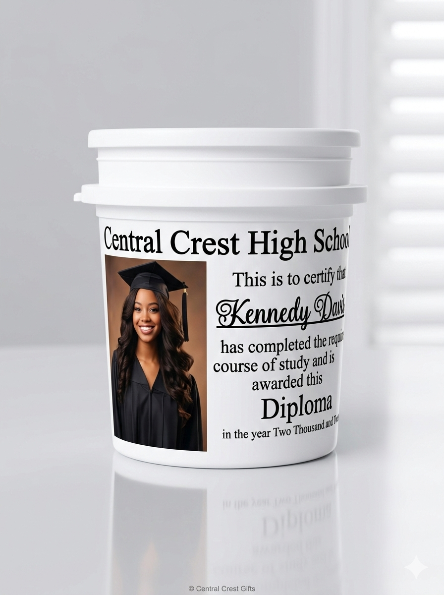 Graduation-themed personalized bucket with a photo of a graduate and text on a white background