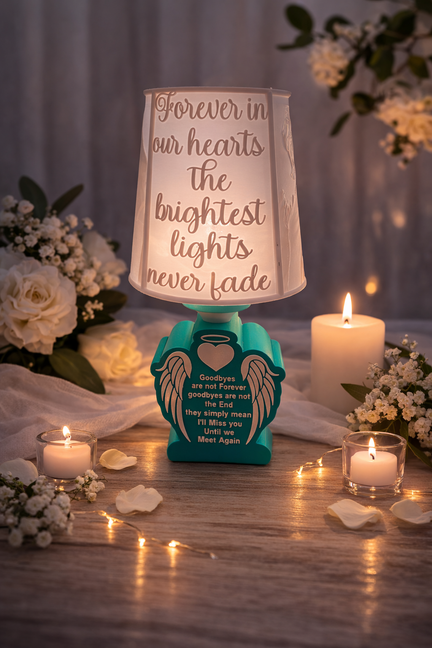 Memorial lamp with text 'Forever in our hearts, the brightest lights never fade' surrounded by candles and flowers.