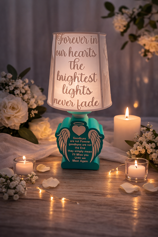 Memorial lamp with text 'Forever in our hearts, the brightest lights never fade' surrounded by candles and flowers.