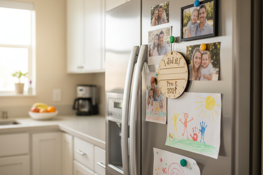 Achievement ornament on refrigerator