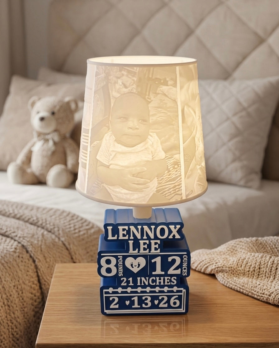 Decorative lamp with personalized details on a wooden table in a cozy bedroom setting.