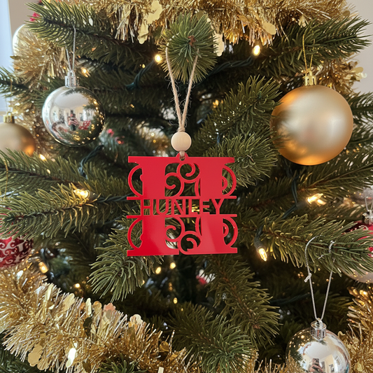 HUNLEY Monogram Ornament on Christmas Tree
