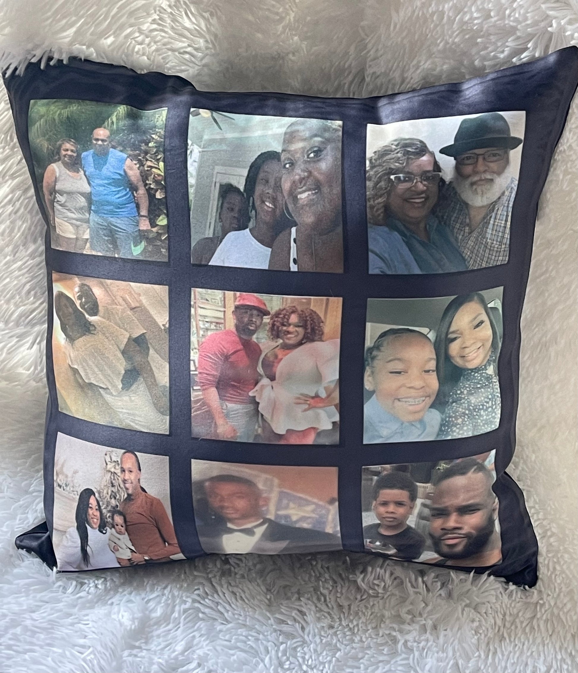 A nine-panel pillow with multiple photos printed on it, arranged in a grid pattern