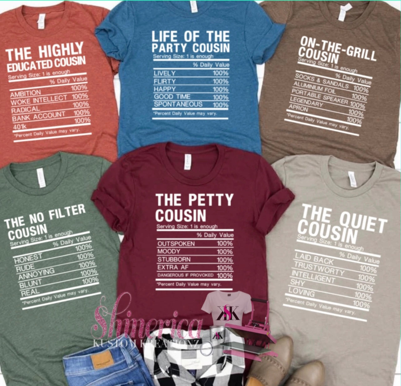 A collection of 'Cousin Nutrition Facts' t-shirts in various colors, each featuring a different humorous nutrition fact label.