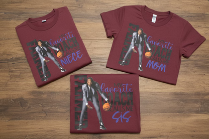 Three maroon custom t-shirts with text and images on them, displayed flat on a surface.
