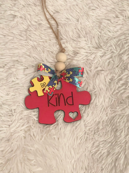 Autism Awareness Car Charm | Custom Wood Car Charm in Heart, Be Kind & Puzzle Styles