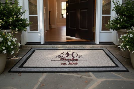 A custom door mat with a large ornate 'H' in the center, surrounded by personalized text including a name and date.