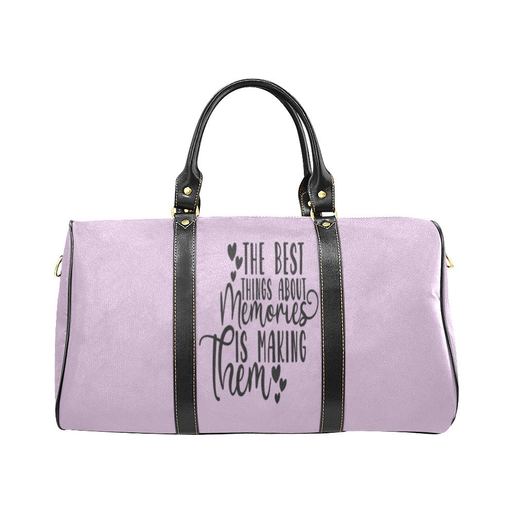 A custom tote bag in purple color with a text pattern on the front, featuring a black handle and an adjustable shoulder carry strap.