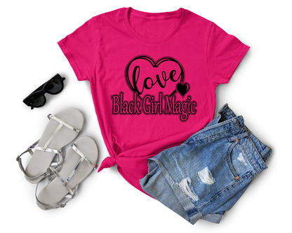 A pink t-shirt with 'Black Girl Magic' and 'LOVE' text design.